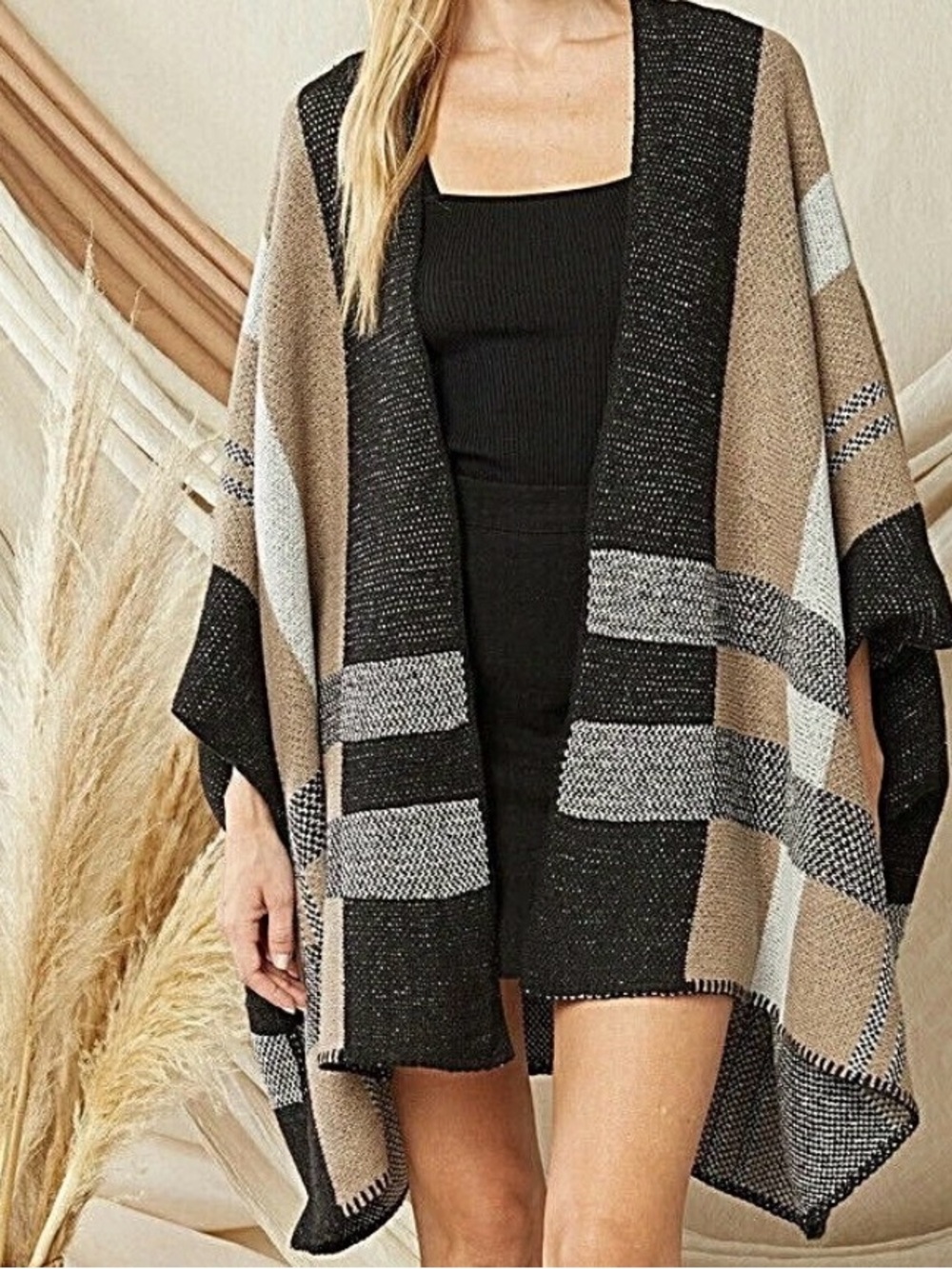 entro Black Tan and White Colorblock Open Knit Poncho